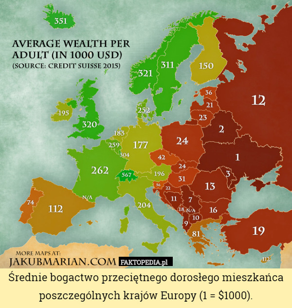 Średnie bogactwo przeciętnego dorosłego mieszkańca poszczególnych krajów Europy (1 = $1000). 