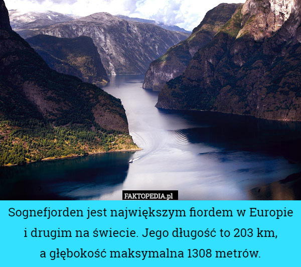 Sognefjorden jest największym fiordem w Europie i drugim na świecie. Jego długość to 203 km,
 a głębokość maksymalna 1308 metrów. 