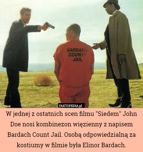 W jednej z ostatnich scen filmu "Siedem" John Doe nosi kombinezon więzienny z napisem Bardach Count Jail. Osobą odpowiedzialną za kostiumy w filmie była Elinor Bardach. 