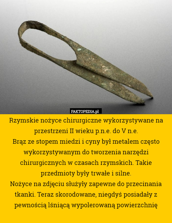 Rzymskie nożyce chirurgiczne wykorzystywane na przestrzeni II wieku p.n.e. do V n.e.
Brąz ze stopem miedzi i cyny był metalem często wykorzystywanym do tworzenia narzędzi chirurgicznych w czasach rzymskich. Takie przedmioty były trwałe i silne.
Nożyce na zdjęciu służyły zapewne do przecinania tkanki. Teraz skorodowane, niegdyś posiadały z pewnością lśniącą wypolerowaną powierzchnię 