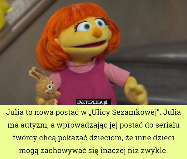 Julia to nowa postać w „Ulicy Sezamkowej”. Julia ma autyzm, a wprowadzając jej postać do serialu twórcy chcą pokazać dzieciom, że inne dzieci mogą zachowywać się inaczej niż zwykle. 