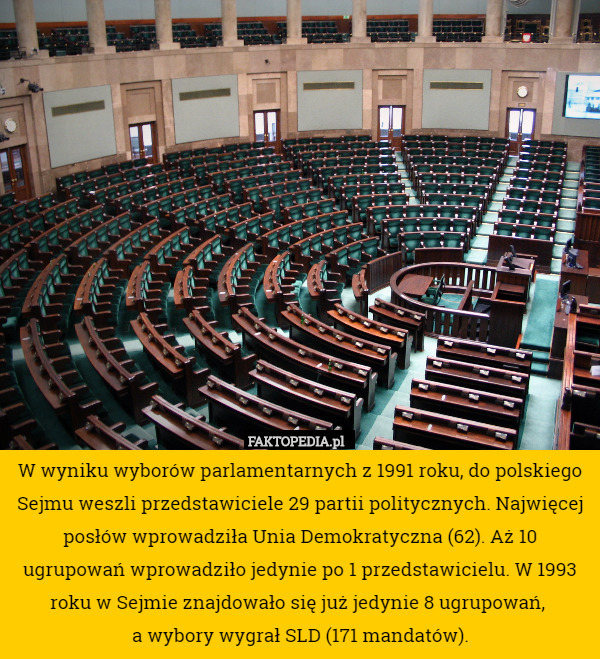 W wyniku wyborów parlamentarnych z 1991 roku, do polskiego Sejmu weszli przedstawiciele 29 partii politycznych. Najwięcej posłów wprowadziła Unia Demokratyczna (62). Aż 10 ugrupowań wprowadziło jedynie po 1 przedstawicielu. W 1993 roku w Sejmie znajdowało się już jedynie 8 ugrupowań, 
a wybory wygrał SLD (171 mandatów). 