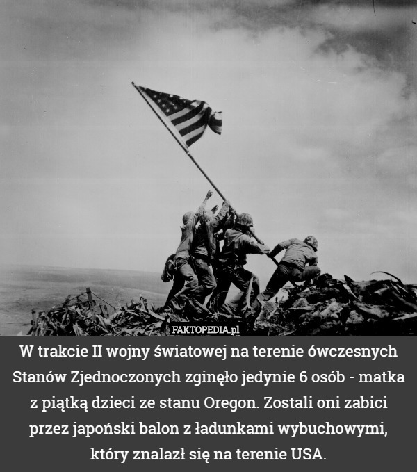 W trakcie II wojny światowej na terenie ówczesnych Stanów Zjednoczonych zginęło jedynie 6 osób - matka z piątką dzieci ze stanu Oregon. Zostali oni zabici przez japoński balon z ładunkami wybuchowymi, który znalazł się na terenie USA. 