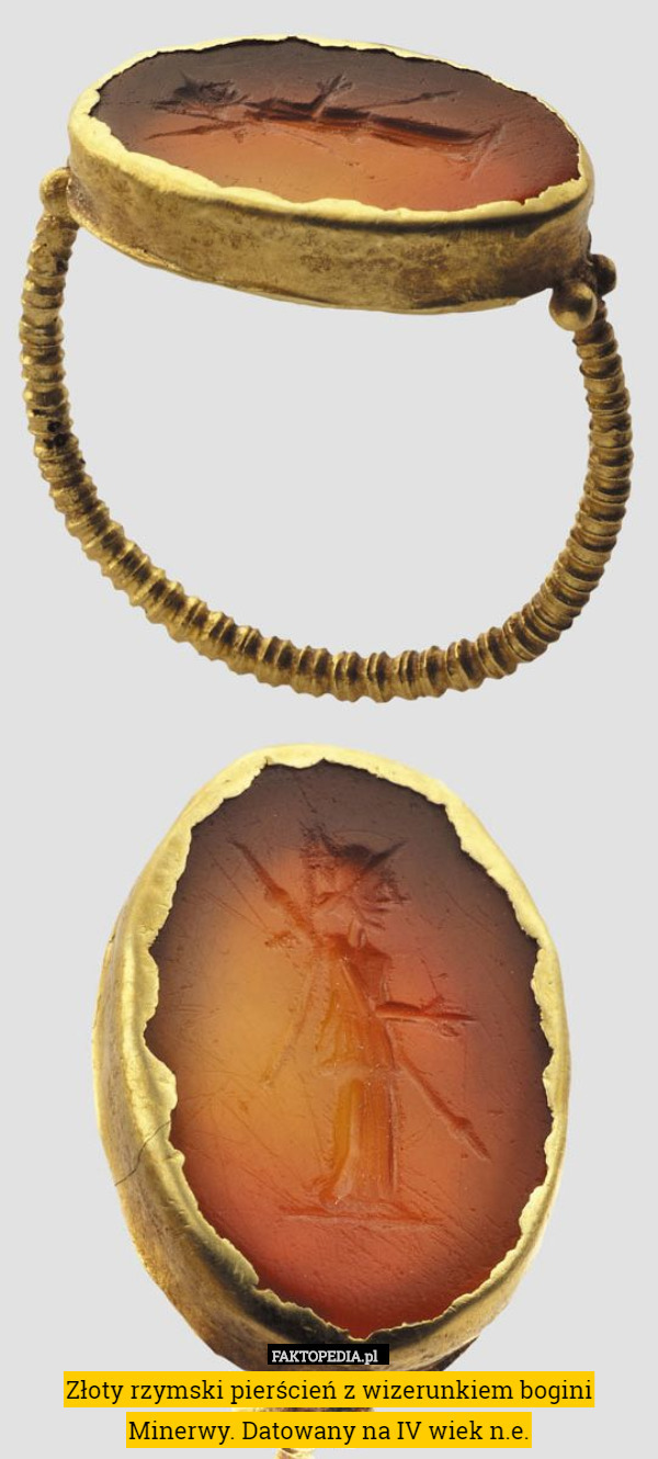 Złoty rzymski pierścień z wizerunkiem bogini Minerwy. Datowany na IV wiek n.e. 