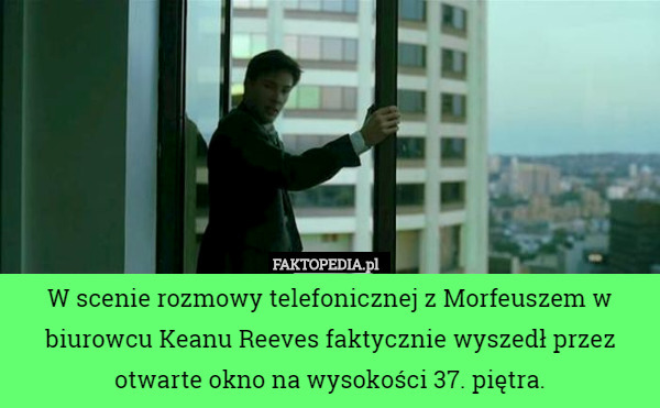 W scenie rozmowy telefonicznej z Morfeuszem w biurowcu Keanu Reeves faktycznie wyszedł przez otwarte okno na wysokości 37. piętra. 