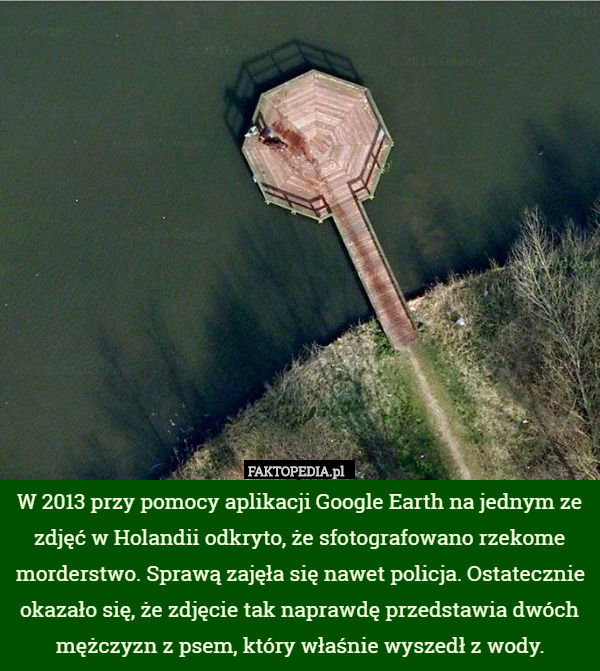 W 2013 przy pomocy aplikacji Google Earth na jednym ze zdjęć w Holandii odkryto, że sfotografowano rzekome morderstwo. Sprawą zajęła się nawet policja. Ostatecznie okazało się, że zdjęcie tak naprawdę przedstawia dwóch mężczyzn z psem, który właśnie wyszedł z wody. 