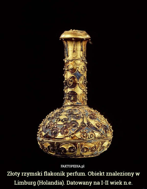 Złoty rzymski flakonik perfum. Obiekt znaleziony w Limburg (Holandia). Datowany na I-II wiek n.e. 