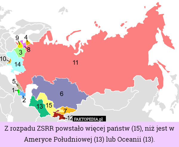 Z rozpadu ZSRR powstało więcej państw (15), niż jest w Ameryce Południowej (13) lub Oceanii (13). 