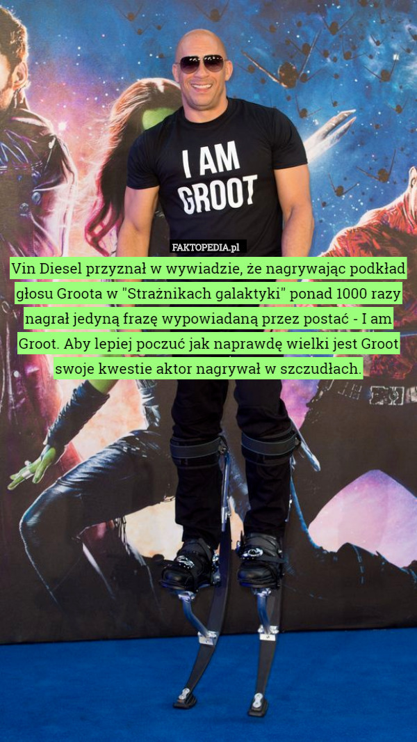 Vin Diesel przyznał w wywiadzie, że nagrywając podkład głosu Groota w "Strażnikach galaktyki" ponad 1000 razy nagrał jedyną frazę wypowiadaną przez postać - I am Groot. Aby lepiej poczuć jak naprawdę wielki jest Groot swoje kwestie aktor nagrywał w szczudłach. 