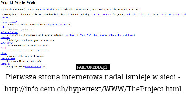 Pierwsza strona internetowa nadal istnieje w sieci - http://info.cern.ch/hypertext/WWW/TheProject.html 