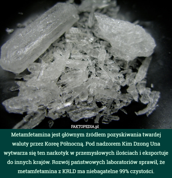 Metamfetamina jest głównym źródłem pozyskiwania twardej waluty przez Koreę Północną. Pod nadzorem Kim Dzong Una wytwarza się ten narkotyk w przemysłowych ilościach i eksportuje do innych krajów. Rozwój państwowych laboratoriów sprawił, że metamfetamina z KRLD ma niebagatelne 99% czystości. 