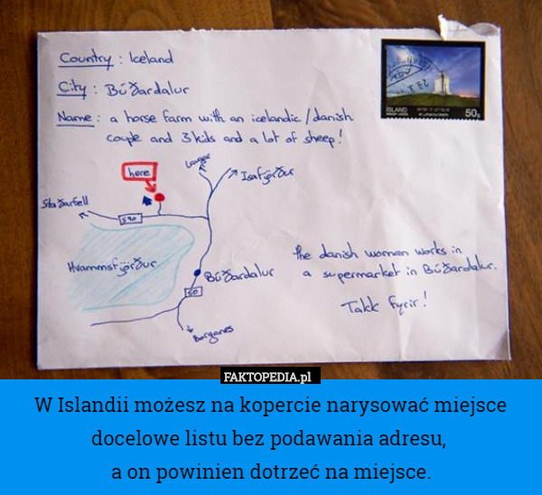 W Islandii możesz na kopercie narysować miejsce docelowe listu bez podawania adresu, 
a on powinien dotrzeć na miejsce. 