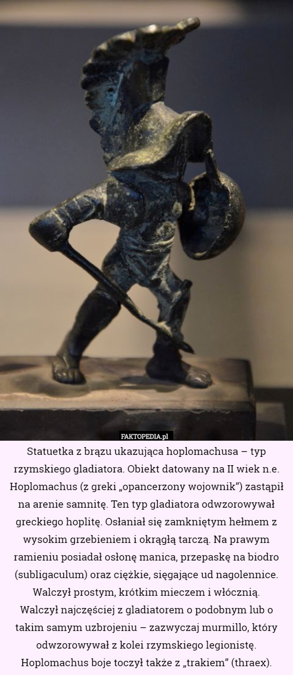 Statuetka z brązu ukazująca hoplomachusa – typ rzymskiego gladiatora. Obiekt datowany na II wiek n.e.
Hoplomachus (z greki „opancerzony wojownik”) zastąpił na arenie samnitę. Ten typ gladiatora odwzorowywał greckiego hoplitę. Osłaniał się zamkniętym hełmem z wysokim grzebieniem i okrągłą tarczą. Na prawym ramieniu posiadał osłonę manica, przepaskę na biodro (subligaculum) oraz ciężkie, sięgające ud nagolennice. Walczył prostym, krótkim mieczem i włócznią.
Walczył najczęściej z gladiatorem o podobnym lub o takim samym uzbrojeniu – zazwyczaj murmillo, który odwzorowywał z kolei rzymskiego legionistę. Hoplomachus boje toczył także z „trakiem” (thraex). 