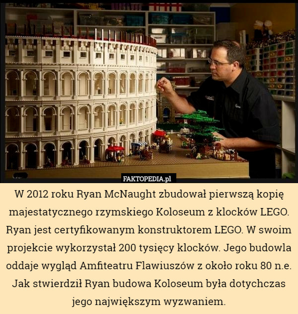 W 2012 roku Ryan McNaught zbudował pierwszą kopię majestatycznego rzymskiego Koloseum z klocków LEGO.
Ryan jest certyfikowanym konstruktorem LEGO. W swoim projekcie wykorzystał 200 tysięcy klocków. Jego budowla oddaje wygląd Amfiteatru Flawiuszów z około roku 80 n.e. Jak stwierdził Ryan budowa Koloseum była dotychczas jego największym wyzwaniem. 