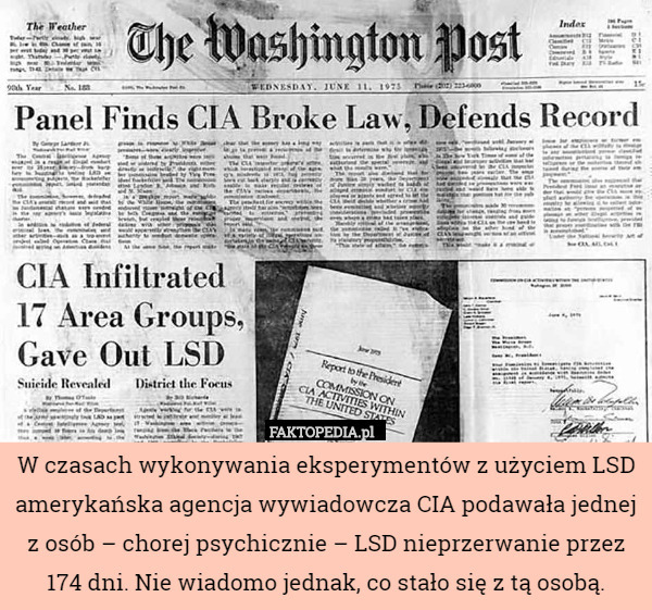 W czasach wykonywania eksperymentów z użyciem LSD amerykańska agencja wywiadowcza CIA podawała jednej z osób – chorej psychicznie – LSD nieprzerwanie przez 174 dni. Nie wiadomo jednak, co stało się z tą osobą. 
