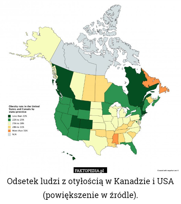 Odsetek ludzi z otyłością w Kanadzie i USA (powiększenie w źródle). 