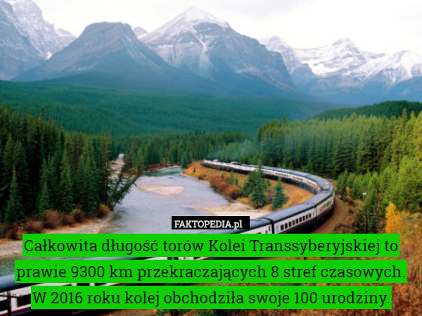 Całkowita długość torów Kolei Transsyberyjskiej to prawie 9300 km przekraczających 8 stref czasowych.
W 2016 roku kolej obchodziła swoje 100 urodziny. 