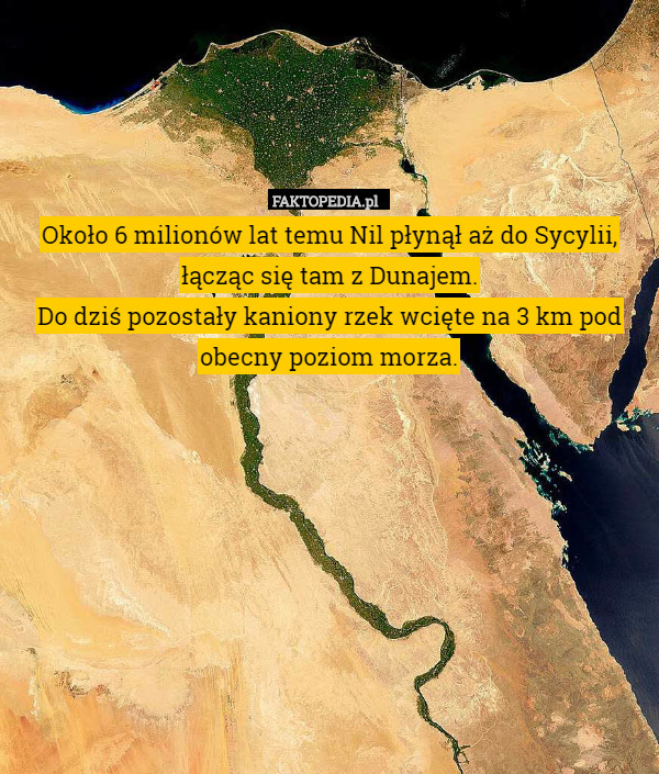 Około 6 milionów lat temu Nil płynął aż do Sycylii, łącząc się tam z Dunajem.
Do dziś pozostały kaniony rzek wcięte na 3 km pod obecny poziom morza. 