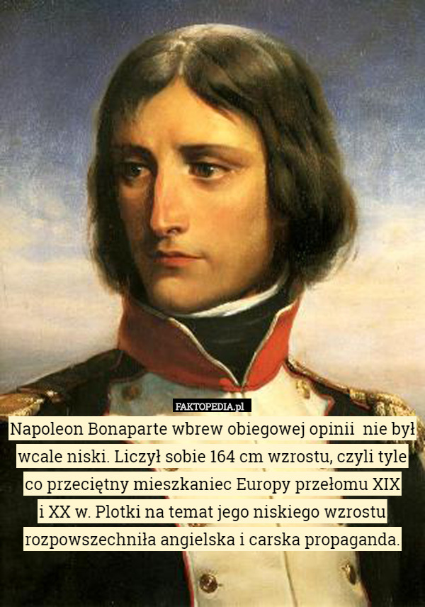 Napoleon Bonaparte wbrew obiegowej opinii  nie był wcale niski. Liczył sobie 164 cm wzrostu, czyli tyle co przeciętny mieszkaniec Europy przełomu XIX
 i XX w. Plotki na temat jego niskiego wzrostu rozpowszechniła angielska i carska propaganda. 