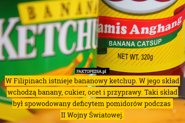 W Filipinach istnieje bananowy ketchup. W jego skład wchodzą banany, cukier, ocet i przyprawy. Taki skład był spowodowany deficytem pomidorów podczas 
II Wojny Światowej. 