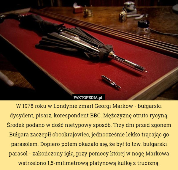 W 1978 roku w Londynie zmarł Georgi Markow - bułgarski dysydent, pisarz, korespondent BBC. Mężczyznę otruto rycyną. Środek podano w dość nietypowy sposób. Trzy dni przed zgonem Bułgara zaczepił obcokrajowiec, jednocześnie lekko trącając go parasolem. Dopiero potem okazało się, że był to tzw. bułgarski parasol - zakończony igłą, przy pomocy której w nogę Markowa wstrzelono 1,5-milimetrową platynową kulkę z trucizną. 