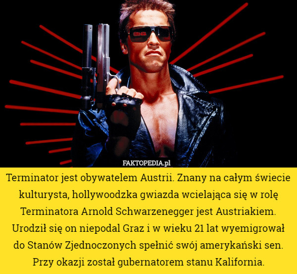Terminator jest obywatelem Austrii. Znany na całym świecie kulturysta, hollywoodzka gwiazda wcielająca się w rolę Terminatora Arnold Schwarzenegger jest Austriakiem. Urodził się on niepodal Graz i w wieku 21 lat wyemigrował do Stanów Zjednoczonych spełnić swój amerykański sen. Przy okazji został gubernatorem stanu Kalifornia. 