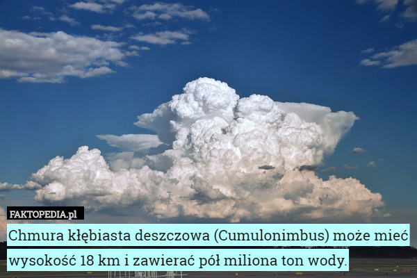 Chmura kłębiasta deszczowa (Cumulonimbus) może mieć wysokość 18 km i zawierać pół miliona ton wody. 