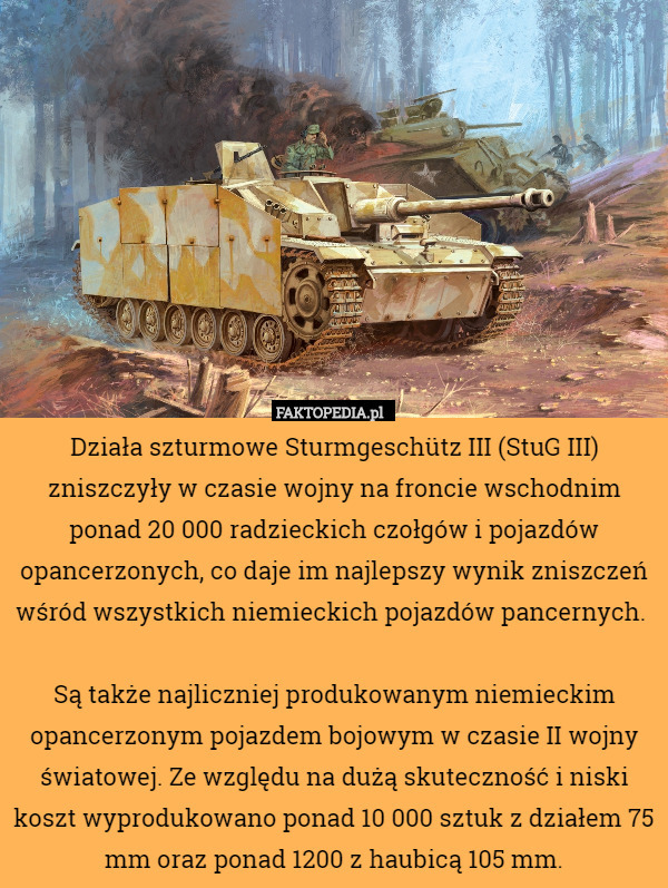 Działa szturmowe Sturmgeschütz III (StuG III) zniszczyły w czasie wojny na froncie wschodnim ponad 20 000 radzieckich czołgów i pojazdów opancerzonych, co daje im najlepszy wynik zniszczeń wśród wszystkich niemieckich pojazdów pancernych. 

Są także najliczniej produkowanym niemieckim opancerzonym pojazdem bojowym w czasie II wojny światowej. Ze względu na dużą skuteczność i niski koszt wyprodukowano ponad 10 000 sztuk z działem 75 mm oraz ponad 1200 z haubicą 105 mm. 