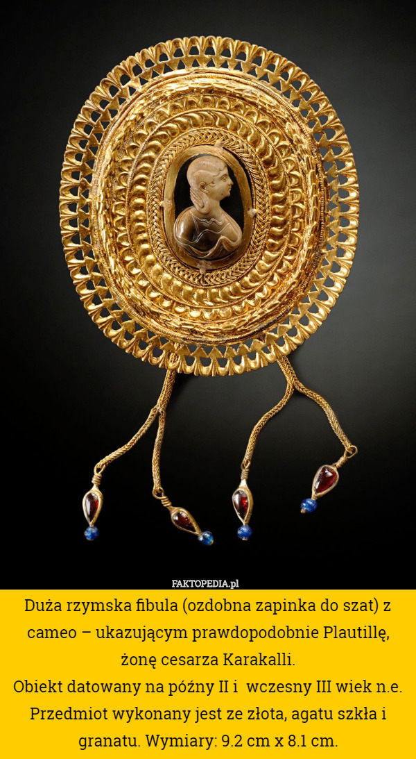 Duża rzymska fibula (ozdobna zapinka do szat) z cameo – ukazującym prawdopodobnie Plautillę, żonę cesarza Karakalli.
Obiekt datowany na późny II i  wczesny III wiek n.e. Przedmiot wykonany jest ze złota, agatu szkła i granatu. Wymiary: 9.2 cm x 8.1 cm. 