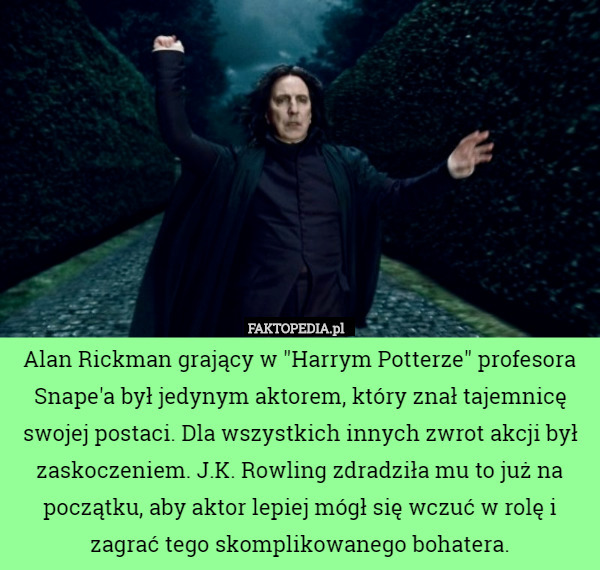 Alan Rickman grający w "Harrym Potterze" profesora Snape'a był jedynym aktorem, który znał tajemnicę swojej postaci. Dla wszystkich innych zwrot akcji był zaskoczeniem. J.K. Rowling zdradziła mu to już na początku, aby aktor lepiej mógł się wczuć w rolę i zagrać tego skomplikowanego bohatera. 