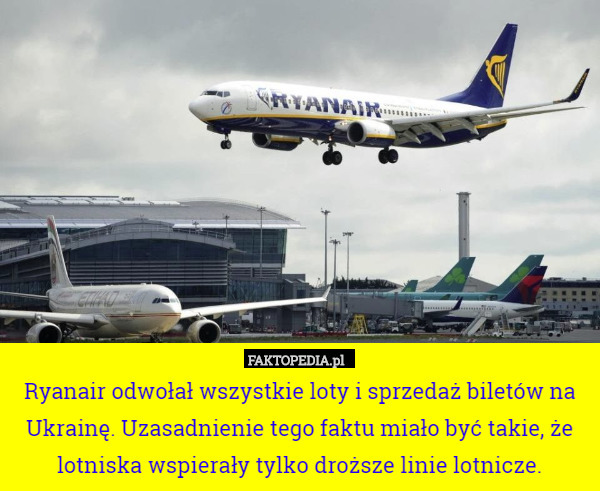 Ryanair odwołał wszystkie loty i sprzedaż biletów na Ukrainę. Uzasadnienie tego faktu miało być takie, że lotniska wspierały tylko droższe linie lotnicze. 