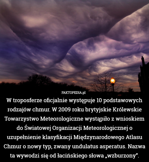 W troposferze oficjalnie występuje 10 podstawowych rodzajów chmur. W 2009 roku brytyjskie Królewskie Towarzystwo Meteorologiczne wystąpiło z wnioskiem do Światowej Organizacji Meteorologicznej o uzupełnienie klasyfikacji Międzynarodowego Atlasu Chmur o nowy typ, zwany undulatus asperatus. Nazwa ta wywodzi się od łacińskiego słowa „wzburzony”. 