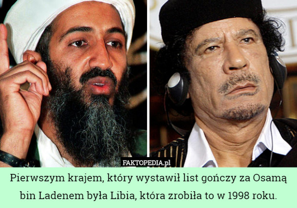 Pierwszym krajem, który wystawił list gończy za Osamą bin Ladenem była Libia, która zrobiła to w 1998 roku. 