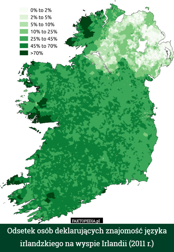Odsetek osób deklarujących znajomość języka irlandzkiego na wyspie Irlandii (2011 r.) 