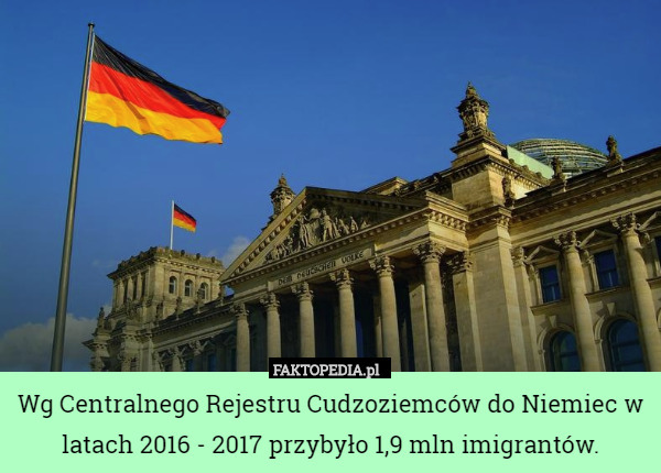Wg Centralnego Rejestru Cudzoziemców do Niemiec w latach 2016 - 2017 przybyło 1,9 mln imigrantów. 