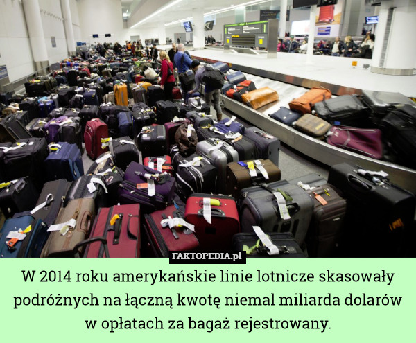 W 2014 roku amerykańskie linie lotnicze skasowały podróżnych na łączną kwotę niemal miliarda dolarów w opłatach za bagaż rejestrowany. 