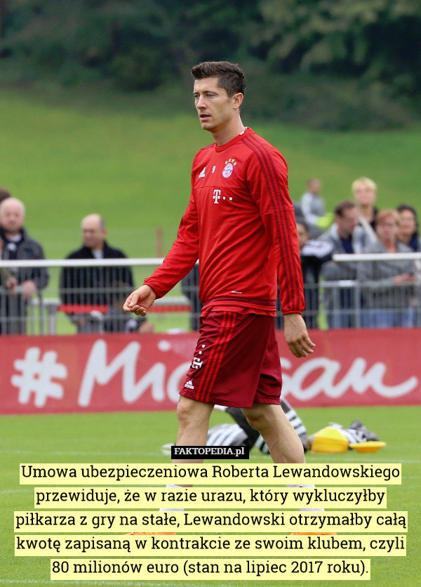 Umowa ubezpieczeniowa Roberta Lewandowskiego przewiduje, że w razie urazu, który wykluczyłby piłkarza z gry na stałe, Lewandowski otrzymałby całą kwotę zapisaną w kontrakcie ze swoim klubem, czyli 80 milionów euro (stan na lipiec 2017 roku). 