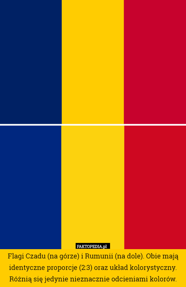 Flagi Czadu (na górze) i Rumunii (na dole). Obie mają identyczne proporcje (2:3) oraz układ kolorystyczny. Różnią się jedynie nieznacznie odcieniami kolorów. 