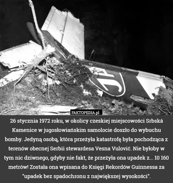26 stycznia 1972 roku, w okolicy czeskiej miejscowości Srbská Kamenice w jugosłowiańskim samolocie doszło do wybuchu bomby. Jedyną osobą, która przeżyła katastrofę była pochodząca z terenów obecnej Serbii stewardesa Vesna Vulović. Nie byłoby w tym nic dziwnego, gdyby nie fakt, że przeżyła ona upadek z... 10 160 metrów! Została ona wpisana do Księgi Rekordów Guinnessa za "upadek bez spadochronu z największej wysokości". 
