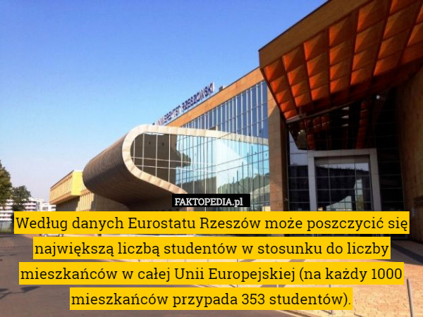 Według danych Eurostatu Rzeszów może poszczycić się największą liczbą studentów w stosunku do liczby mieszkańców w całej Unii Europejskiej (na każdy 1000 mieszkańców przypada 353 studentów). 