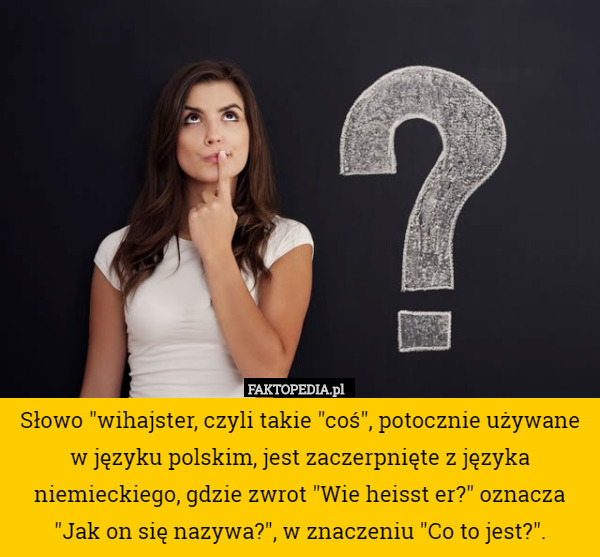 Słowo "wihajster, czyli takie "coś", potocznie używane w języku polskim, jest zaczerpnięte z języka niemieckiego, gdzie zwrot "Wie heisst er?" oznacza "Jak on się nazywa?", w znaczeniu "Co to jest?". 