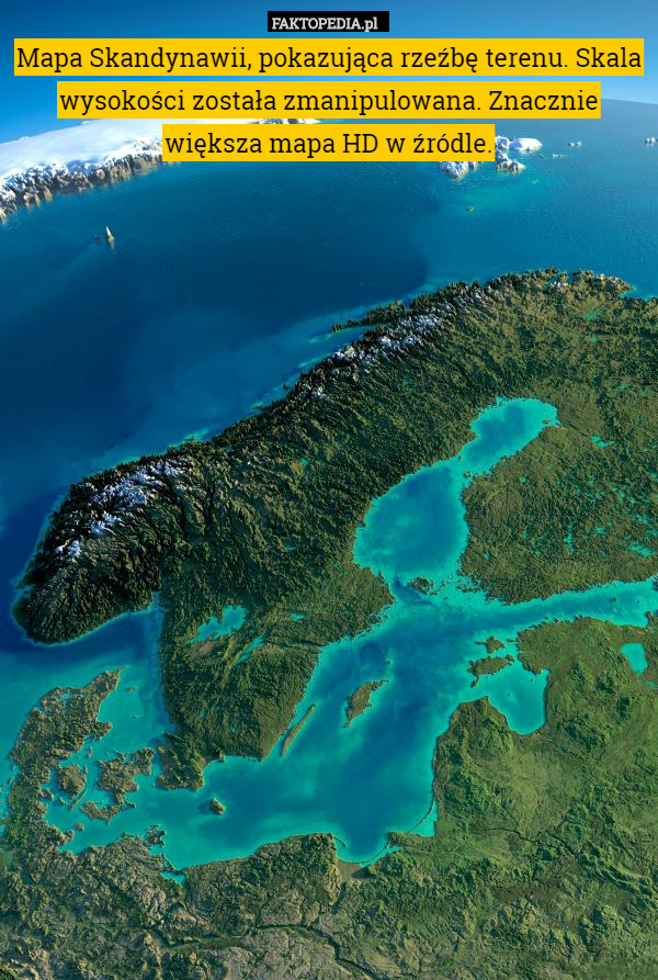 Mapa Skandynawii, pokazująca rzeźbę terenu. Skala wysokości została zmanipulowana. Znacznie większa mapa HD w źródle. 