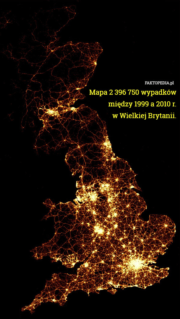Mapa 2 396 750 wypadków
 między 1999 a 2010 r.
 w Wielkiej Brytanii. 