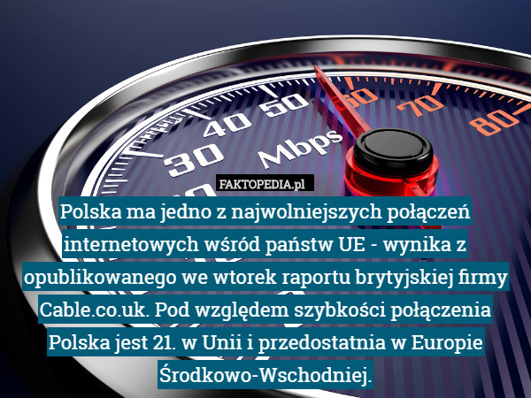 Polska ma jedno z najwolniejszych połączeń internetowych wśród państw UE - wynika z opublikowanego we wtorek raportu brytyjskiej firmy Cable.co.uk. Pod względem szybkości połączenia Polska jest 21. w Unii i przedostatnia w Europie Środkowo-Wschodniej. 