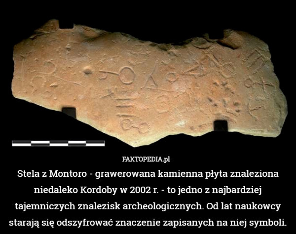 ​Stela z Montoro - grawerowana kamienna płyta znaleziona niedaleko Kordoby w 2002 r. - to jedno z najbardziej tajemniczych znalezisk archeologicznych. Od lat naukowcy starają się odszyfrować znaczenie zapisanych na niej symboli. 