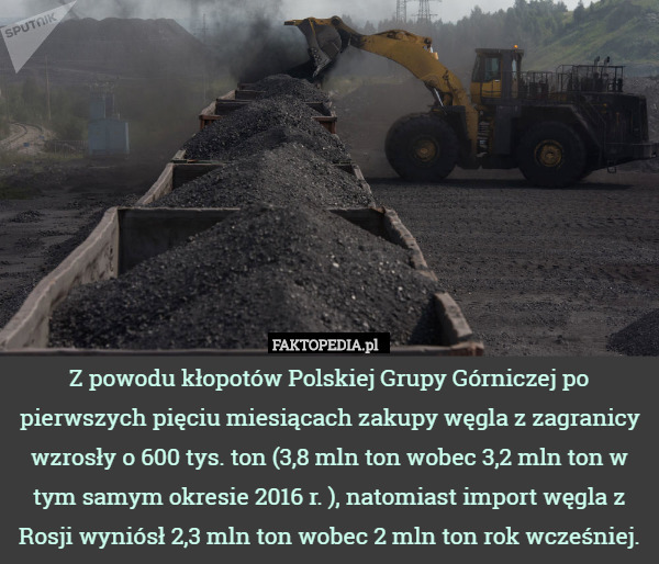 Z powodu kłopotów Polskiej Grupy Górniczej po pierwszych pięciu miesiącach zakupy węgla z zagranicy wzrosły o 600 tys. ton (3,8 mln ton wobec 3,2 mln ton w tym samym okresie 2016 r. ), natomiast import węgla z Rosji wyniósł 2,3 mln ton wobec 2 mln ton rok wcześniej. 
