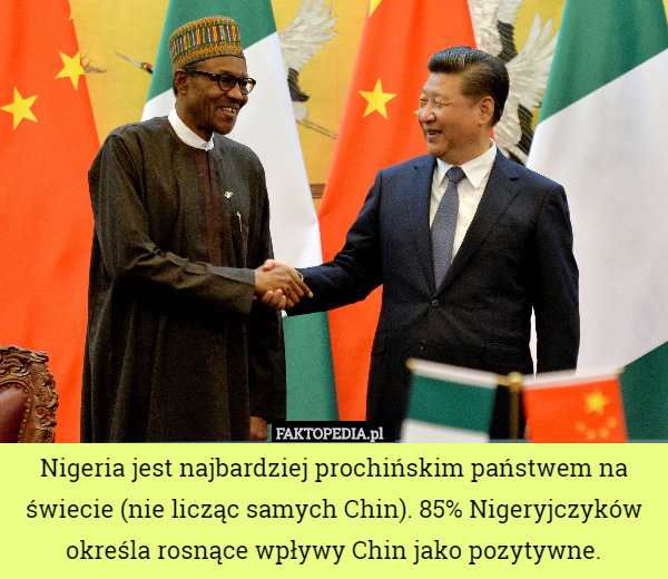 Nigeria jest najbardziej prochińskim państwem na świecie (nie licząc samych Chin). 85% Nigeryjczyków określa rosnące wpływy Chin jako pozytywne. 