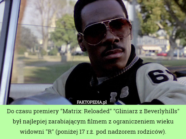 Do czasu premiery "Matrix: Reloaded" "Gliniarz z Beverlyhills" był najlepiej zarabiającym filmem z ograniczeniem wieku widowni "R" (poniżej 17 r.ż. pod nadzorem rodziców). 