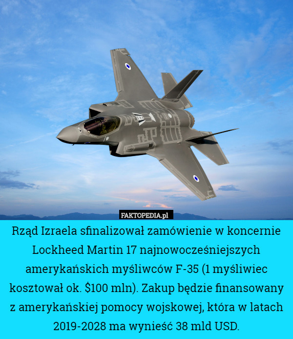 Rząd Izraela sfinalizował zamówienie w koncernie Lockheed Martin 17 najnowocześniejszych amerykańskich myśliwców F-35 (1 myśliwiec kosztował ok. $100 mln). Zakup będzie finansowany z amerykańskiej pomocy wojskowej, która w latach 2019-2028 ma wynieść 38 mld USD. 
