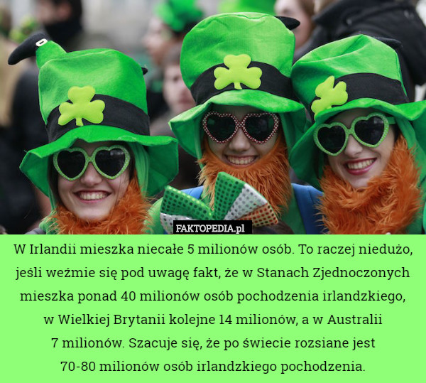 W Irlandii mieszka niecałe 5 milionów osób. To raczej niedużo, jeśli weźmie się pod uwagę fakt, że w Stanach Zjednoczonych mieszka ponad 40 milionów osób pochodzenia irlandzkiego,
 w Wielkiej Brytanii kolejne 14 milionów, a w Australii
 7 milionów. Szacuje się, że po świecie rozsiane jest
 70-80 milionów osób irlandzkiego pochodzenia. 